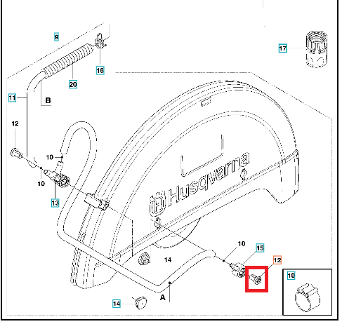 Śruba do przecinarki Husqvarna K 1270 I, metaliczna, z sześciokątnym łbem. Ujęcie z boku, pokazujące szczegóły mocowania. Widoczne napisy oraz logo Husqvarna. Przeznaczona do zastosowań w budownictwie i remontach.