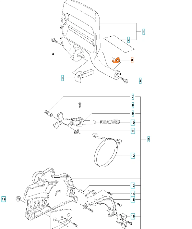 Metalowa, ciemnoszara podkładka dźwigni hamulca do pilarek Husqvarna 346XP, 357XP, z widocznym mocowaniem i otworami, do naprawy lub wymiany.