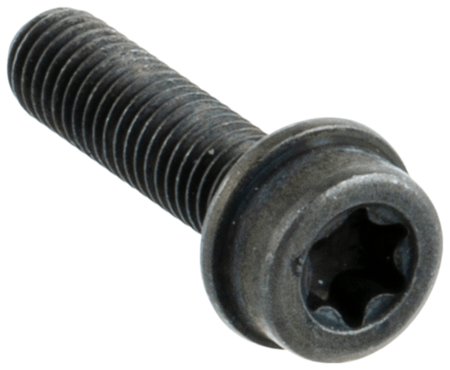 Śruba układu zapłonowego pilarki Husqvarna 545 Mark II, metaliczna, o ciemnoszarej kolorystyce z sześciokątnym gniazdem. Ujęcie z boku, pokazujące gwint oraz główkę. Produkt leżący na jednolitym tle.