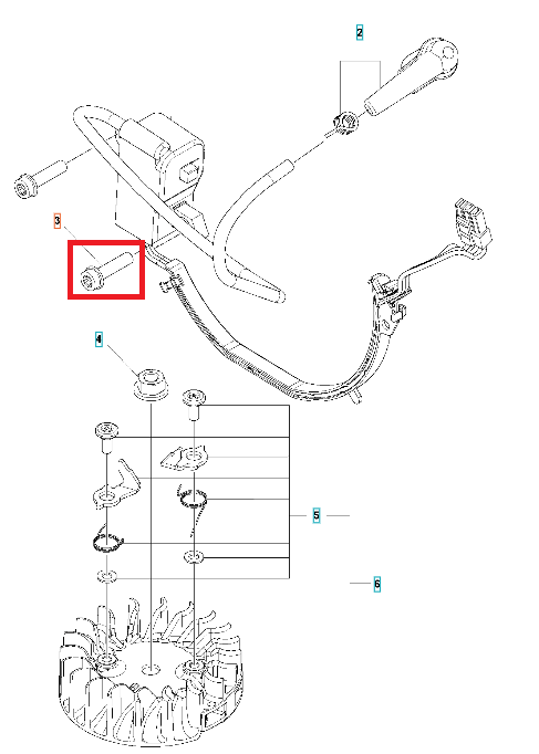 Śruba układu zapłonowego do pilarki Husqvarna 545 Mark II, metalowa, w kształcie cylindrycznym, o widocznej gwintowanej końcówce. Ujęcie frontalne, pokazujące detal konstrukcji. Element przeznaczony do mocowania w układzie zapłonowym.