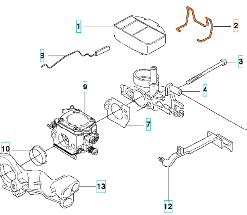 Pomarańczowa zapinka pilarki Husqvarna 357XP z metalowym mocowaniem. Elementy: filtr powietrza (1), mocowanie (2), igła (3) na białym tle, widok z góry z wyraźnymi detalami.