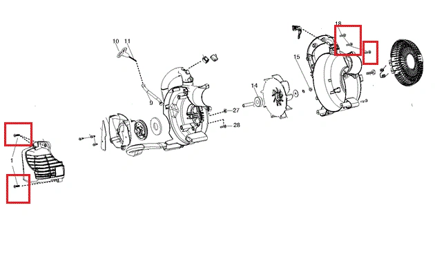 Śruba do kosy Husqvarna 128R, widok z boku, pokazująca detale mocowania oraz zakończenia. Produkt metalowy, z gwintem, w kolorze stalowym. Obok schemat montażu z innymi elementami silnika. Proste tło, ułatwiające rozpoznanie detali.