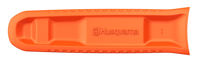 Pomarańczowa osłona prowadnicy Husqvarna 15-18 z tworzywa, z logo, rowkami po bokach i gładką powierzchnią dla ochrony łańcucha. Do pił łańcuchowych.