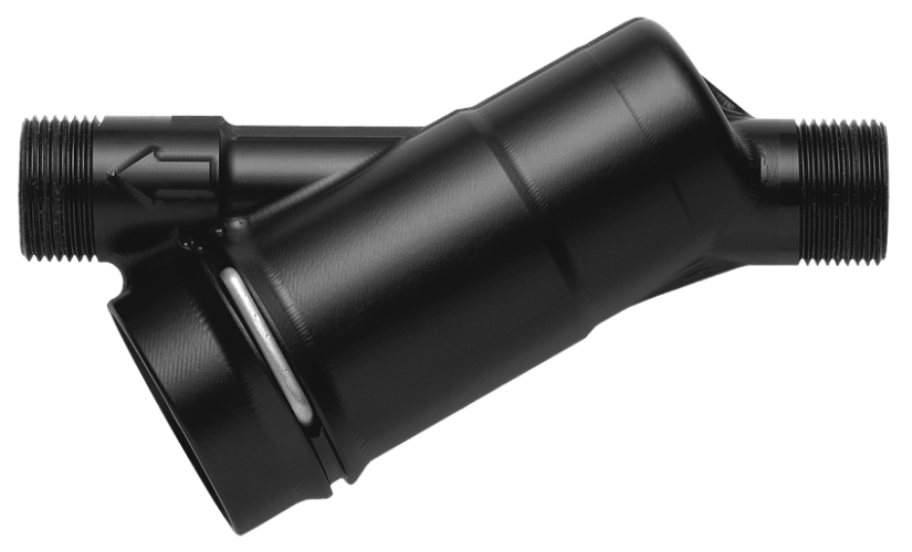 Czarny metalowy separator do myjek Husqvarna, cylindryczny, z gwintowaną końcówką i oznaczeniem strzałki kierunku przepływu, na jednolitym tle, widok z boku.