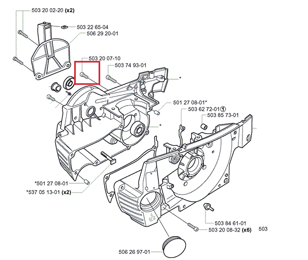 Śruba koła linowego do wykaszarki Husqvarna 250R, metalowa, o cylindrycznym kształcie. Widoczna z boku w eksplodowanej ilustracji, w otoczeniu innych elementów. Kolor srebrny, o gładkiej fakturze. Standardowy rozmiar, wykorzystywana w montażu.
