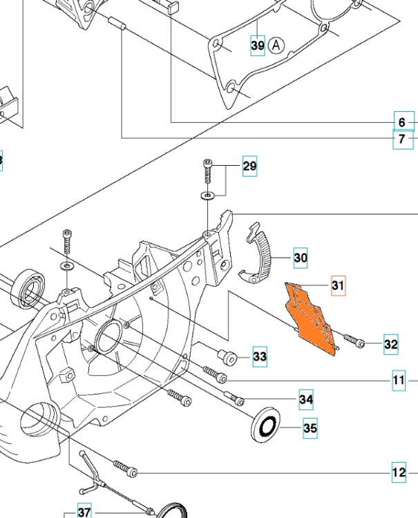 Kolektor pilarki Husqvarna 357XP, 359 w układzie eksplodowanym z czarną obudową, metalowymi śrubami i pomarańczową pokrywką. Widok z góry na części z wyraźnymi oznaczeniami numerów.