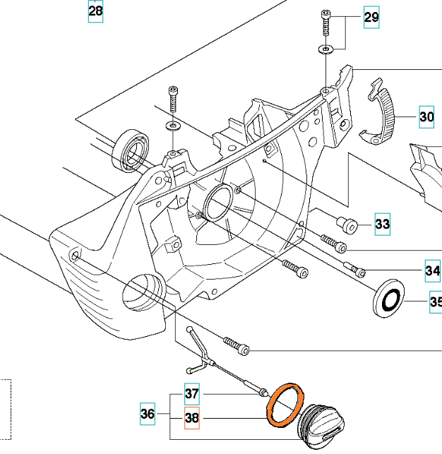 Uszczelka korka paliwa do pilarki Husqvarna 130, 357XP, 550XP, w kolorze pomarańczowym, wykonana z gumowanego materiału. Ujęcie z boku, pokazujące detal oraz kształt uszczelki, leżącej na blacie roboczym z widocznymi elementami montażowymi w tle.