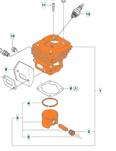 Pomarańczowy cylinder do pilarki Husqvarna 357XP z boku, zawierający głowicę, tłok, uszczelki oraz śruby i wtyczkę świecy zapłonowej na białym tle, podkreślający prostą konstrukcję.