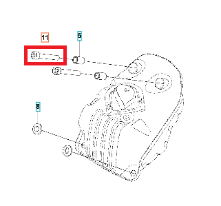 Śruba tłumika do pilarki Husqvarna 555/562XP, cylindryczny kształt, metaliczna, z wyraźnymi nićmi gwintowanymi. Widok frontalny na śrubę z otworem, zarysowana na schemacie z elementami montażowymi. Brak dodatkowych detali.