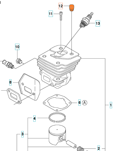 Wspornik pokrywy cylindra do pilarki Husqvarna 357XP i 359, widoczny z góry na białym tle. Metalowe części matowe, w tym cylinder, tłok, uszczelki i śruby mocujące, z detalami mocowania.