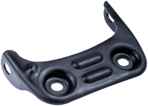 Wspornik tłumika pilarki Husqvarna 357XP, 359, wykonany z czarnego, matowego plastiku. Element ma zaokrąglone krawędzie i otwory montażowe. Ujęcie z boku, pokazujące szczegóły kształtu. Produkt leży na jednolitym tle.