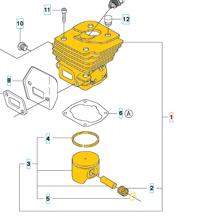 Zestaw cylindra do pilarki Husqvarna 359. Składa się z żółtego cylindra, tłoka oraz uszczelki. Cylinder ma sześć otworów montażowych. Widoczny kształt tłoka, z umieszczonym końcówką mocowania. Części ułożone poziomo na jasnym tle.