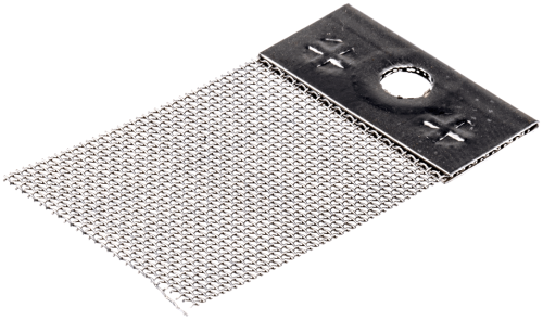 Ekran przeciwiskrowy do pilarki Husqvarna 357XP, 359, wykonany z metalu, srebrny, z otworem mocującym. Widoczne zapięcie na górze i siatka ochronna na dole. Zdjęcie w zbliżeniu, ukazuje detale materiału i struktury.