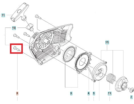 Śruba rozrusznika do pilarki Husqvarna 372XP, metalowa, srebrna, z widoczną gwintowaną końcówką. W pozycji leżącej, zbliżenie na detal, otoczona elementami konstrukcyjnymi, na schemacie technicznym o białym tle.