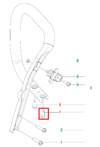 Śruba uchwytu pilarki 545 Mark II Husqvarna, wykonana z metalu, umieszczona w centralnej części widoku. Część z gwintem na dole, na prostokątnej podstawie. Ujęcie z boku, pokazujące detal mocowania, na białym tle z numerami części obok.
