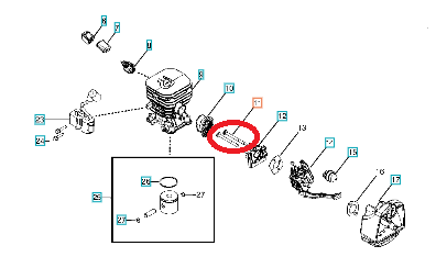 Śruba dmuchawy 125B Husqvarna, mocny element metalowy w kolorze srebrnym, z łbem sześciokątnym. Przedstawiona z boku, w kontekście zestawu części silnika, na białym tle. Widoczne detale gwintu i kształtu.