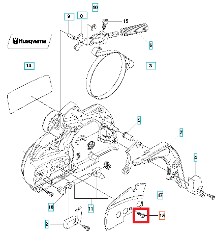 Śruba osłony sprzęgła do pilarki Husqvarna 450 II, metalowa, z gwintem, w kolorze srebrnym, z wyraźnym oznaczeniem. Ujęcie z boku, skupione na detalu elementu, na prostym tle. Widoczna struktura gwintu oraz kształt główki śruby.