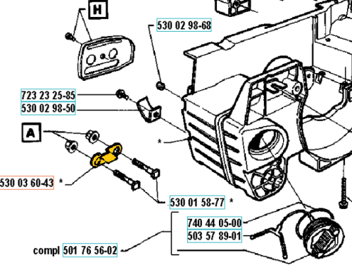 Żółty łącznik pilarki Husqvarna 36,141 o cylindrycznym kształcie, widoczny z boku na schemacie, z oznaczeniami i numerami katalogowymi, prezentujący szczegóły montażu jako element części zamiennych.