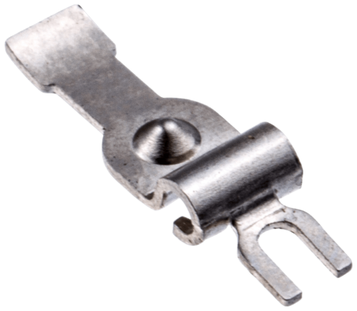 Metalowa dźwignia zaworu iglicowego pilarek Husqvarna 350, 362, matowa, prostokątna z zaokrągleniami, z okrągłym wgłębieniem i podwójnym haczykiem na przezroczystym tle.