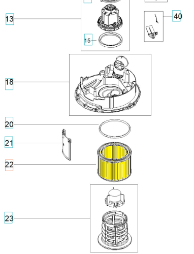 Żółty filtr PET do odkurzaczy Husqvarna WDC220/WDC325L, prostokątny, z teksturą. Widok frontalny na białym tle. Zapewnia wysoką efektywność filtracji. Brak dodatkowych akcesoriów w kadrze.
