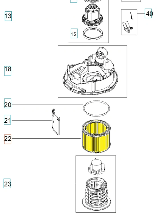 Żółty filtr PET do odkurzaczy Husqvarna WDC220/WDC325L, prostokątny, z teksturą. Widok frontalny na białym tle. Zapewnia wysoką efektywność filtracji. Brak dodatkowych akcesoriów w kadrze.