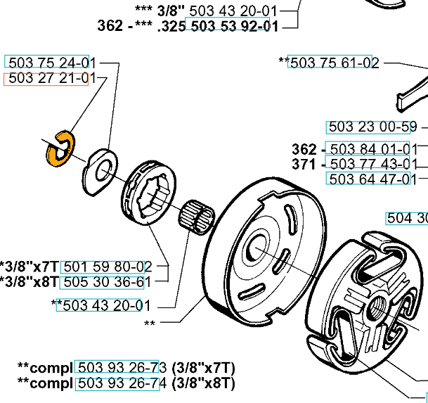 Pierścień osadczy do pilarek Husqvarna 371XP, 572XP, z metalową czarną podstawą i żółtym pierścieniem wewnętrznym, widoczny na białym tle z detalami mocowania i numeracją części.