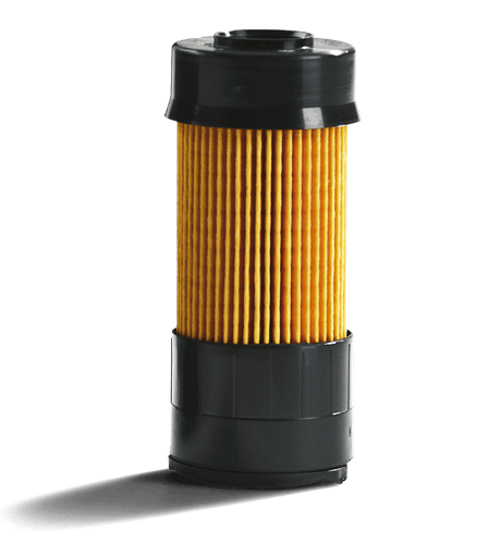 Filtr powietrza do riderów P520D/P520DX Husqvarna w formie cylindrycznej, z widoczną strukturą żeberkową w kolorze złocistym. Czarna plastikowa podstawka, stożkowy wlot u góry. Ujęcie frontalne, produkt stojący na białym tle.