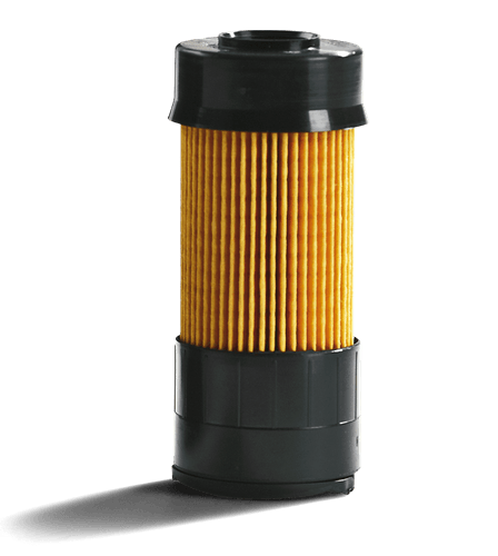 Filtr powietrza do riderów P520D/P520DX Husqvarna w formie cylindrycznej, z widoczną strukturą żeberkową w kolorze złocistym. Czarna plastikowa podstawka, stożkowy wlot u góry. Ujęcie frontalne, produkt stojący na białym tle.