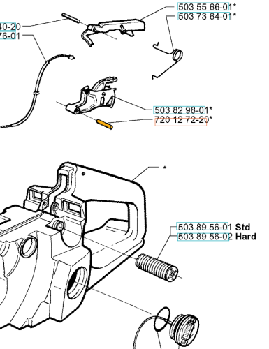 Sworzeń dźwigni gazu do pilarek Husqvarna 372XP i 395XP, metalowy, cylindryczny, widoczny z boku na tle zestawu części z oznaczeniami i numerami katalogowymi.
