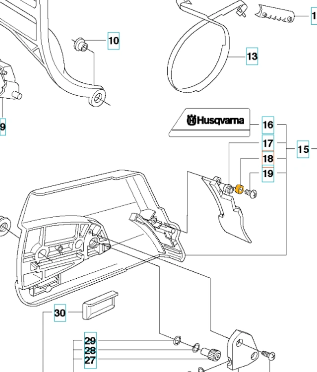 Tuleja sprzęgła do pilarek Husqvarna 372XP, 576XP; materiał plastikowy, ułożona poziomo. Widoczne logo Husqvarna oraz szczegóły mocowania. Elementy przedstawione na białym tle, co uwydatnia ich kształt i funkcję.