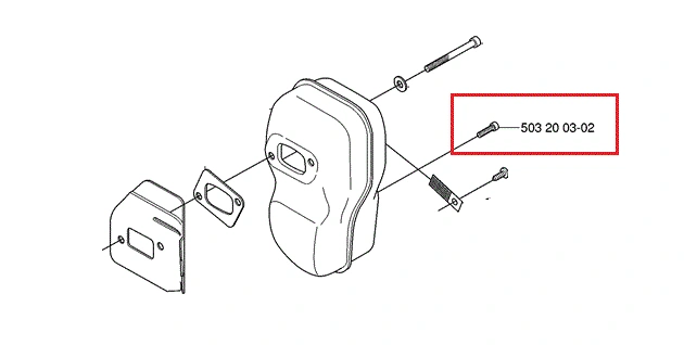 Śruba osłony rozrusznika do kosy Husqvarna 343R, metalowa, srebrna, z widocznym numerem katalogowym 503 20 03-02. Prezentowana z boku w zestawie z elementami montażowymi. Produkt leży na białym tle, co podkreśla jego szczegóły.
