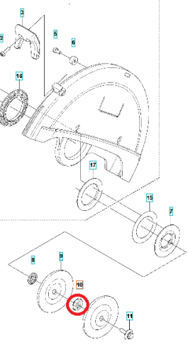Tulejka osłony przecinarki Husqvarna 1270 II, metalowa, okrągła, z wyraźnymi otworami. Widoczna z boku z detalami mocowania. Zbliżenie na teksturę powierzchni, na białym tle. Część z zestawu do narzędzi, nowe, nieużywane.