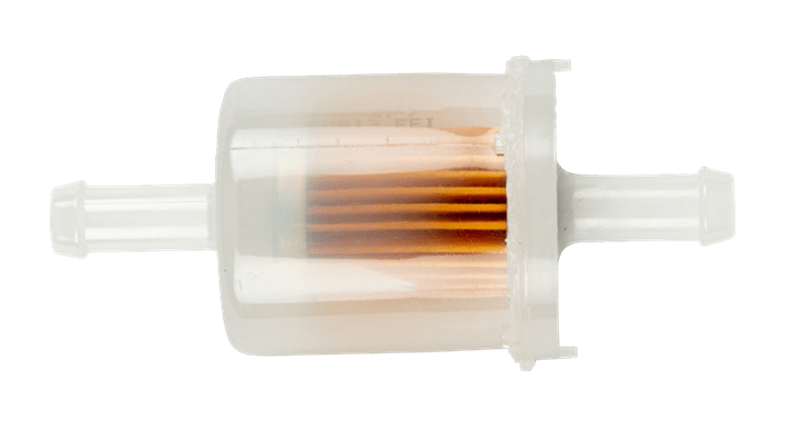 Filtr paliwa do riderów Husqvarna z silnikiem Kawasaki, przezroczysty, cylindryczny kształt z widocznymi brązowymi włóknami wewnątrz. Ujęcie boczne, zorientowany poziomo, końcówki rurkowe po obu stronach. Tło jednolite, neutralne.