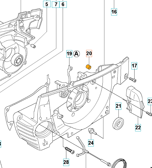Tuleja karteru pilarki Husqvarna 362, 372XP w kolorze żółtym, wykonana z durablego tworzywa. Widok z góry na element w pozycji leżącej, obok głównej jednostki silnikowej. Zawiera oznaczenia oraz numery części. W tle białe, neutralne tło.
