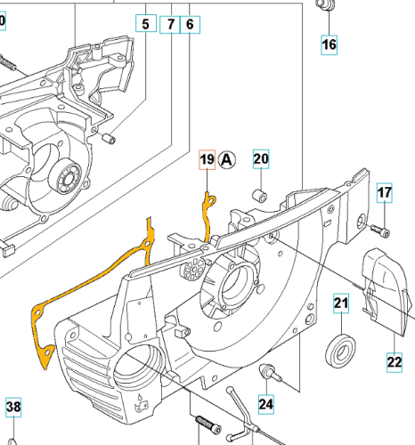 Żółta gumowa uszczelka karteru pilarki Husqvarna 365 X-TORQ, cienka i elastyczna z otworami montażowymi, na białym tle, bez dodatkowych elementów.