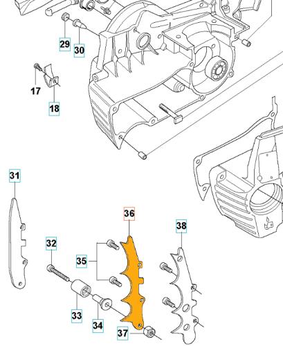 Ostroga pilarki Husqvarna 372XP, 576XP z widocznymi detalami technicznymi, śrubkami i elementami montażowymi. Ujęcie z góry; żółty element nr 36 częściowo zakryty. Proste tło z czerwonymi i szarymi detalami.