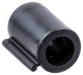 Osłona śruby ostrogi pilarek Husqvarna 372XP, 572XP, czarna, z tworzywa, cylindryczna, gładkie krawędzie, otwór u góry, element mocujący z boku, na płaskiej powierzchni.