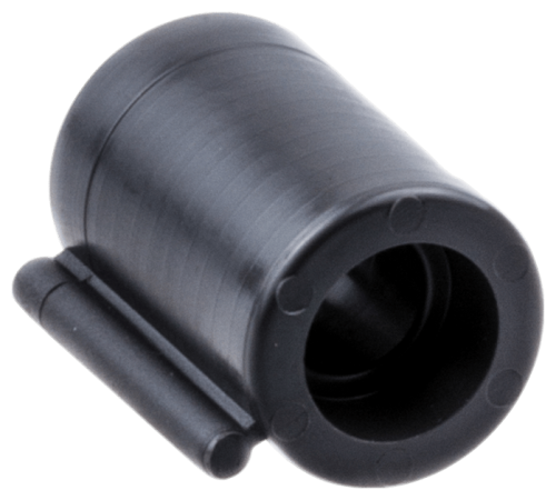 Osłona śruby ostrogi pilarek Husqvarna 372XP, 572XP, czarna, z tworzywa, cylindryczna, gładkie krawędzie, otwór u góry, element mocujący z boku, na płaskiej powierzchni.