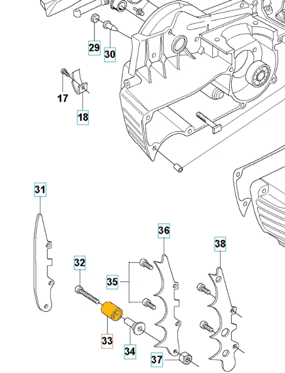Szara osłona śruby ostrogi pilarki Husqvarna 372XP, 572XP, wydłużona, zaokrąglona, pozioma, z otworami montażowymi i miejscem na śrubę, widoczna z boku na jednolitym tle.