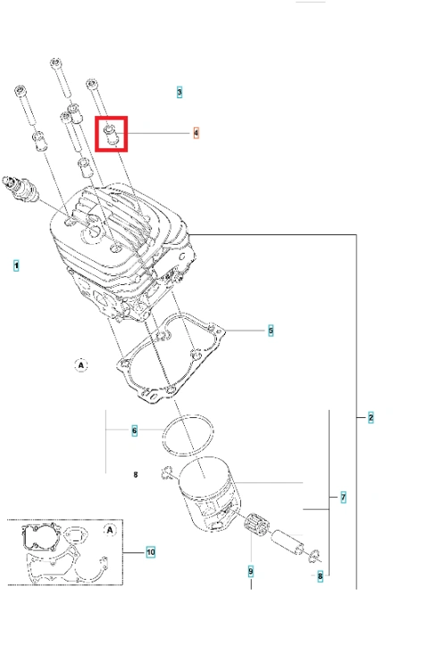 Metalowa tuleja cylindra pilarki Husqvarna 545 Mark II, okrągła z wycięciem i otworami, widok z góry na białym tle. Detale konstrukcyjne i pozycja względem innych części silnika.