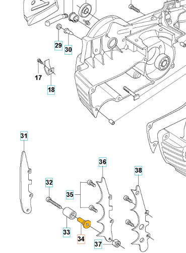Wychwytnik łańcucha do pilarek Husqvarna 372XP, 562XP. Metalowy, prostokątny element z guzikiem mocującym i otworem, zamontowany poziomo na prostym tle. Produkt nowy, bez akcesoriów.