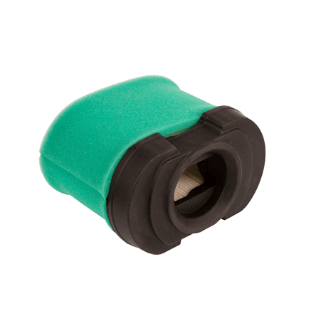 Filtr powietrza do traktorów i riderów z silnikiem Briggs&Stratton w kształcie cylindrycznym, z zieloną gąbką otoczoną czarną ramką. Widok z boku, produkt leży na jednolitym tle. Wyraźne otwory wentylacyjne w górnej części.