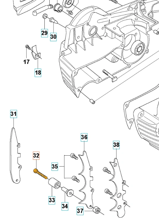 Śruba pilarki Husqvarna 372XP, 562XP w kolorze złotym, o cylindrycznym kształcie. Używana do mocowania elementów pilarki. Widoczna z boku, na neutralnym tle, podkreślającą detale gwintu oraz długość.Produkt nowy, z wyraźnym napisem.