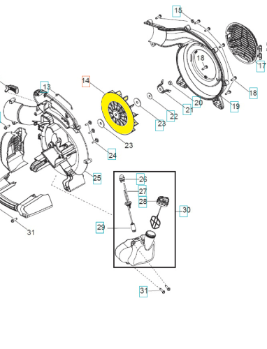 Wirnik dmuchawy 125B/125BVX Husqvarna, żółty element z wyraźnymi ostrzami, umieszczony centralnie w złożonym widoku. Widać detale konstrukcyjne, takie jak otwory montażowe. Całość na prostym tle, co podkreśla produkt i jego funkcje.
