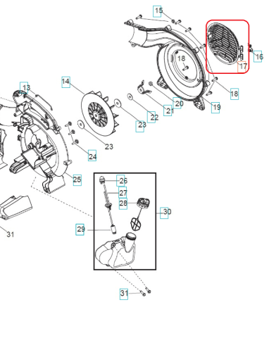 Czarna osłona dmuchawy Husqvarna 125B/125BVX z plastiku, okrągła, z mocowaniem. Widoczna siatka i wycięcia wentylacyjne podkreślają funkcjonalność.