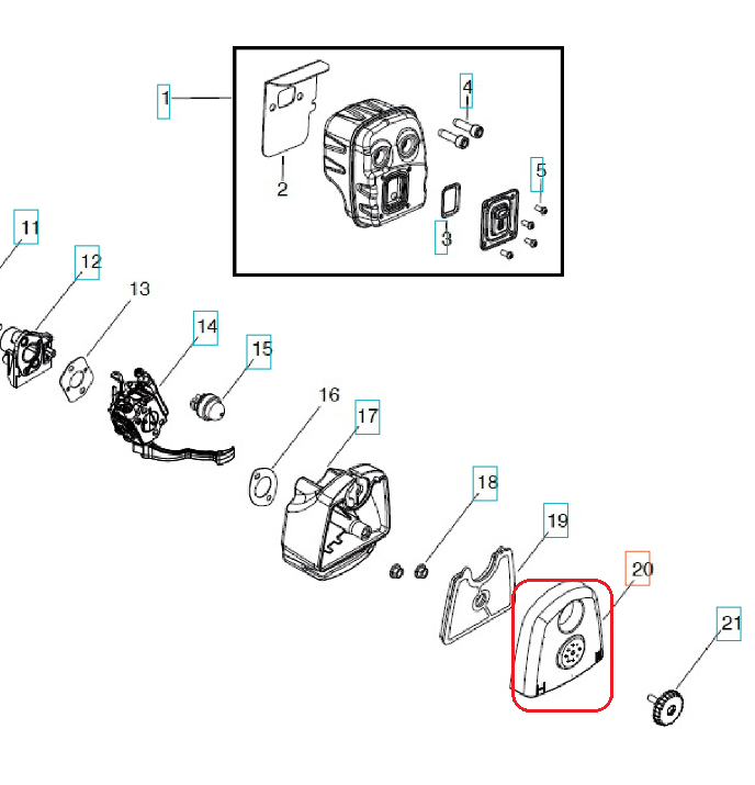 Szara osłona filtra powietrza dmuchawy 125B/125BVX Husqvarna z okrągłym otworem do mocowania, logo Husqvarna, wykonana z tworzywa, na białym tle, widok z boku.