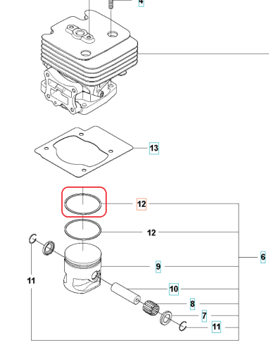 Pierścień tłoka dmuchawy 360BT/560BTS Husqvarna, srebrny metalowy, okrągły z gładką fakturą, widoczny z góry, poziomo, z centralnym otworem na białym tle.