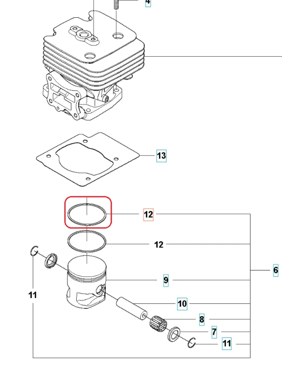 Pierścień tłoka dmuchawy 360BT/560BTS Husqvarna, srebrny metalowy, okrągły z gładką fakturą, widoczny z góry, poziomo, z centralnym otworem na białym tle.
