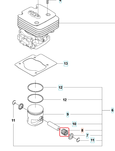 Łożysko igiełkowe dmuchawy Husqvarna 360BT/560BTS w widoku z góry, pokazane w komplecie z elementami montażowymi. Wyraźny detal mocowania z teksturą metalową, okrągły kształt, średniej wielkości. Tło proste, białe, podkreślające produkt.