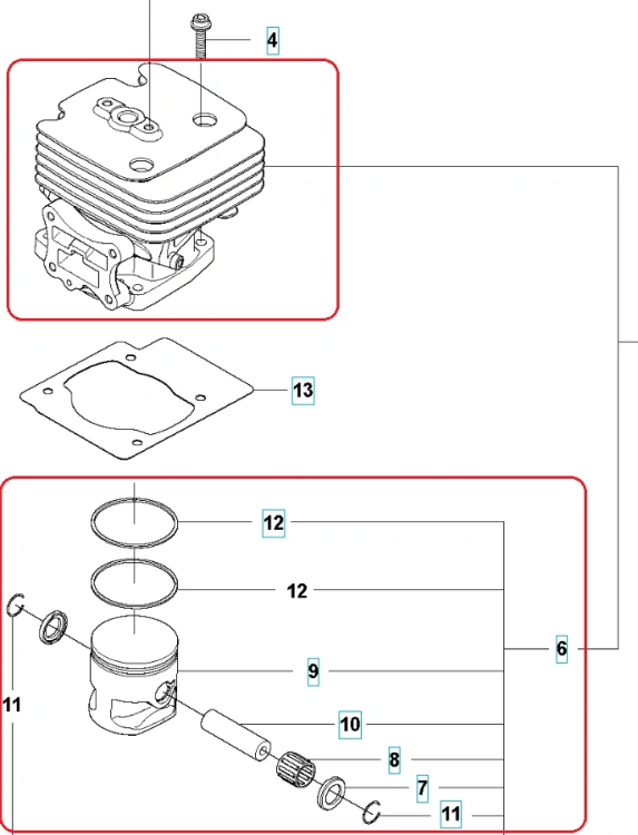 Cylinder dmuchawy Husqvarna 360BT/560BTS, przód. Metalowa, szara obudowa z żeberkowaniem i otworami mocującymi. W zestawie uszczelki i tłok w układzie rozbiórkowym, solidnie uwidocznione elementy montażowe.